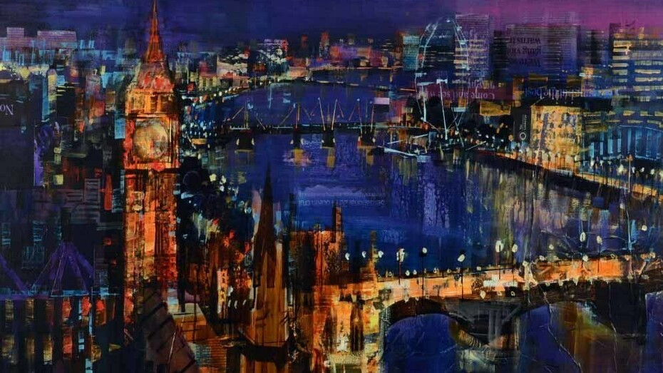 Mike Bernard RI, City Lights, London, mixed media on canvas, 30 x 48 ins (76 x 122 cms)