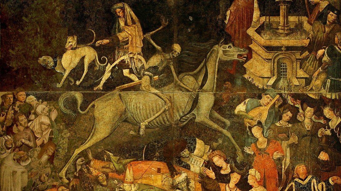 "Trionfo della Morte", 1440-50 circa. Opera di pittori probabilmente franco-fiamminghi o iberici, comunque inseriti nell'ambito del gotico internazionale. Affresco con finiture a tempera, eseguito per l'Ospedale insediato a Palazzo Sclafani a Palermo, Italia