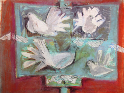 David McClure, Fantails on an Easel, pastel with collage, 58 x 75 cm