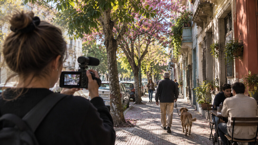 A woman capturing an ordinary city scene on camera, reflecting Tiranos Temblad’s fascination with the unexpected moments hiding in plain sight