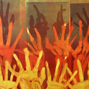 Mear One, “Desire / Need” (detail) 2004, Oil Based Ink on Arched Rives Paper, Monotype, 30″ x 44″