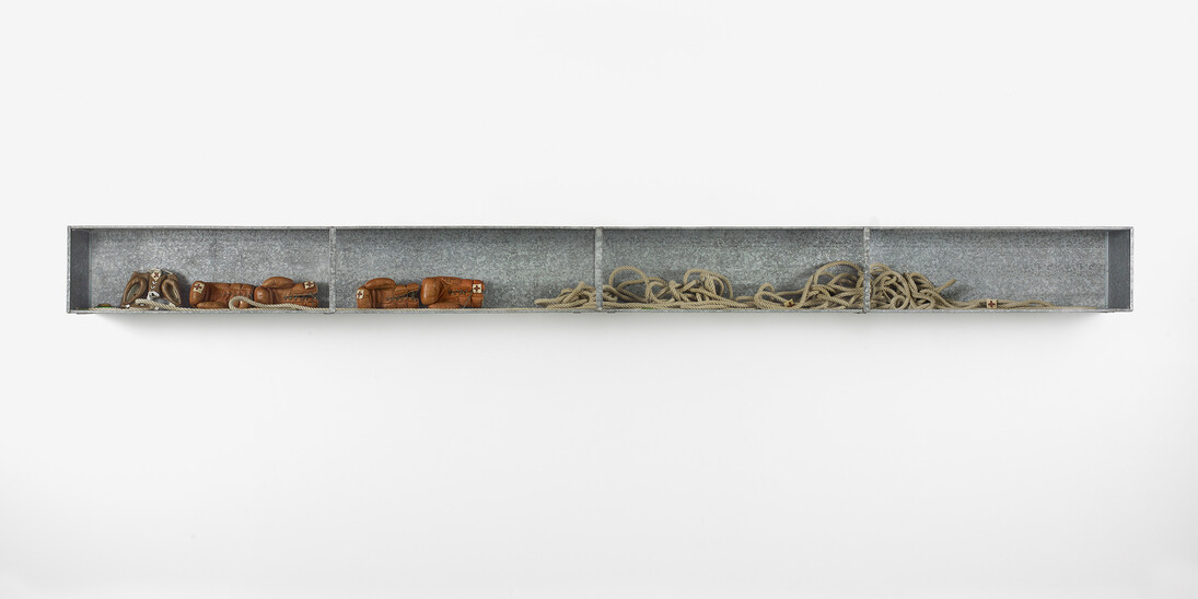 Joseph Beuys, Boxkampf für die direkte Demokratie, 1972, Mixed media in tin and glass vitrine, 40 x 515 x 30.5 cm. Courtesy of Waddington Custot