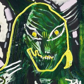 Jonathan Meese, "ZEDOZ, DER GRÜNE UNHEIMLICHE RUFT DICH HEUTE AN..." 2014, oil and acrylic on canvas, 100.5 x 80.3 x 3.3 cm, 39 5/8 x 31 5/8 x 1 1/4 ins (detail), Copyright the artist; Courtesy the artist and Stuart Shave/Modern Art, London