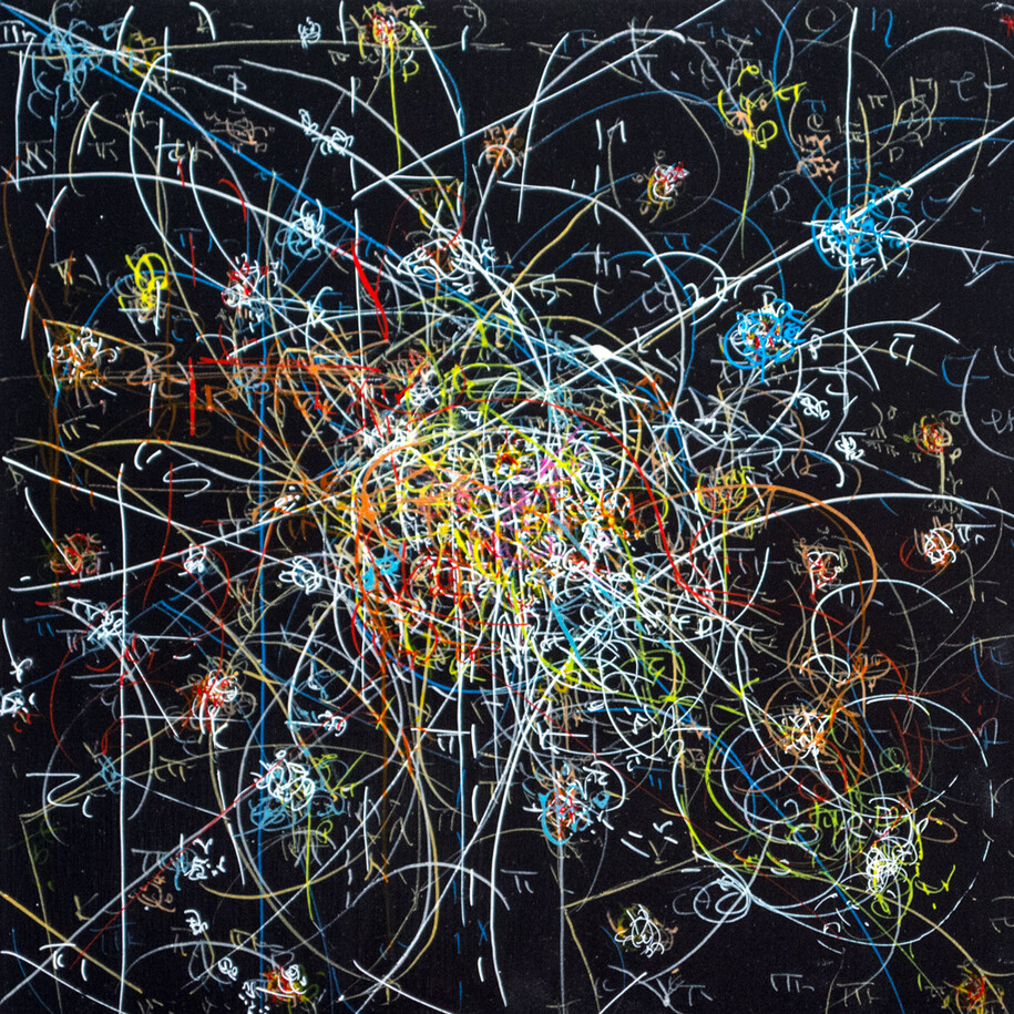Kysa Johnson, blow up 266 - The long goodbye- subatomic decay patterns and a cluster of old stars in M3, 2015. High Gloss Paint and Ink on Panel, 12 x 12 in, KJ_139
