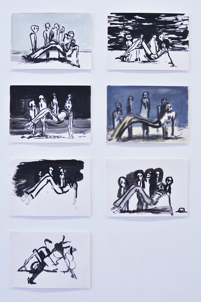 Moyna Flannigan, Drawing numbers 1,2,3,4,5,6 & 7, 2015, Indian ink & gouache, each: 5 3/4 x 8 1/4 in/
14.5 x 21 cm