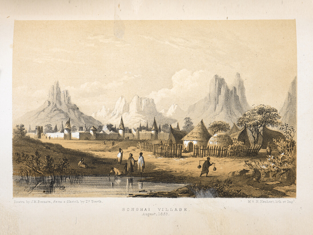 Picture of the Songhai village I’sé, located in modern-day central Mali, based on a sketch by Heinrich Barth, published c.1857-58 and on display in West Africa: Word, Symbol, Song. Image courtesy of British Library