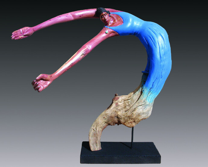 "Dress Rehearsal" by Bernie Houston, Carved driftwood with acrylic, light varnish and wax finish, 31" x 30" x 14", $3,000.