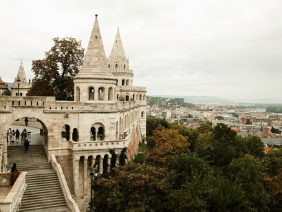 Fisherman's Bastion overlooking the Danube River, offering panoramic views of the Parliament building and the historic divide between Buda and Pest, Budapest, Hungary