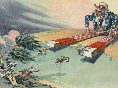 Caricatura política de Udo J. Keppler (1913) que denuncia el intervencionismo y las estrategias neoimperialistas de Estados Unidos en el continente bajo la retórica de la "protección" y las fronteras