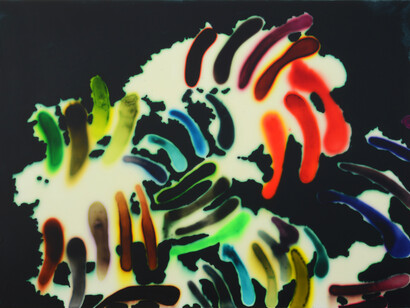 Jaq Chartier, Floaters, 2015, Acrylic resin, stains, spray paint on wood panel, 32 x 44 inches