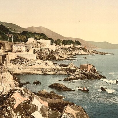 Tratto da "Vedute di architettura e altri siti in Italia nella collezione di stampe fotocromatiche", 1905. La costa, Nervi, Genova, Italia