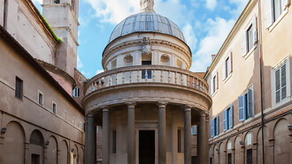 The Tempietto is a small commemorative tomb (martyrium) designed by Donato Bramante, to mark the location of the crucifixion of St Peter, San Pietro in Montorio, in Rome, Italy