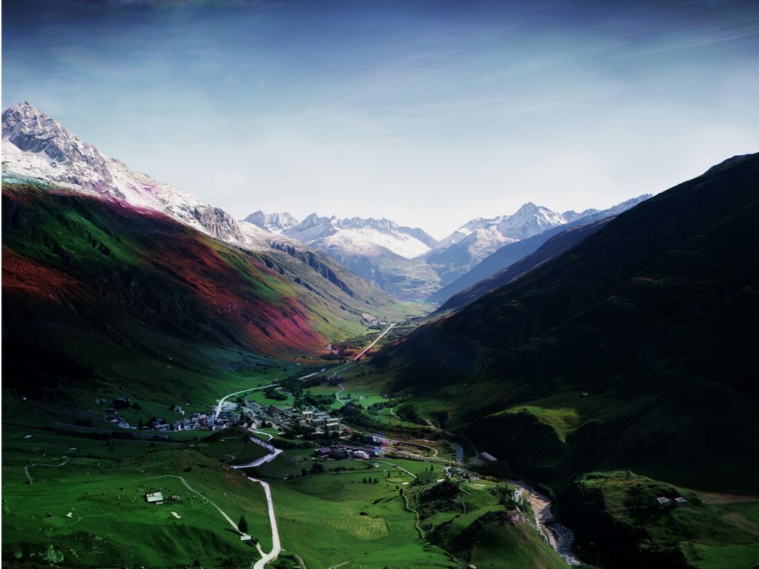 Florian Maier-Aichen, Untitled (Andermatt), 2014, C-print, 73 x 92 1/4 inches framed, Edition of 6, 2 AP. Courtesy of the artist; Blum & Poe, Los Angeles; Gagosian Gallery, New York; and 303 Gallery, New York
