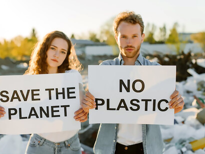 Amidst a landfill, a man and a woman raise awareness about environmental pollution, holding notes that draw attention to the pressing issues of pollution and global warming