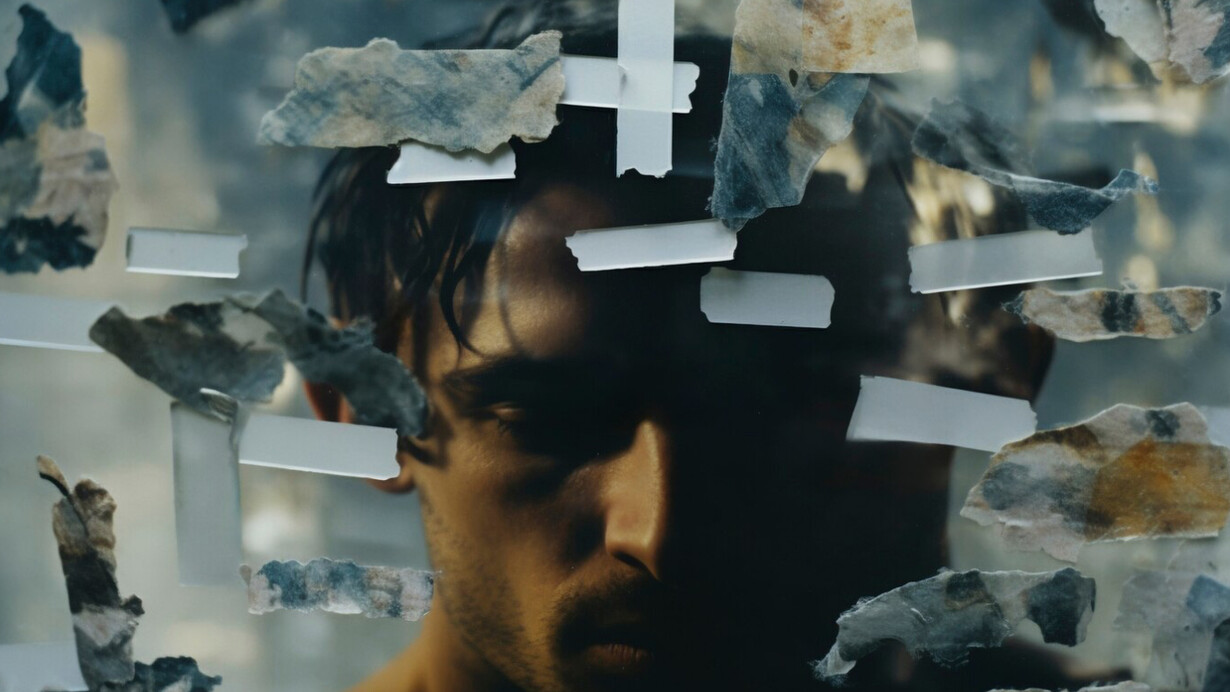 A man symbolizing the weight of humanity’s unhealed wounds and the repetition of past atrocities 