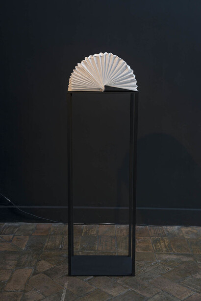 Maya Zack, Bellows book (Breathe), 2016. 
Book cover and paper 26 x 30 x 46 cm | 126 x 46 x 30 cm pedestal. Courtesy MLF | Marie-Laure Fleisch e l’artista