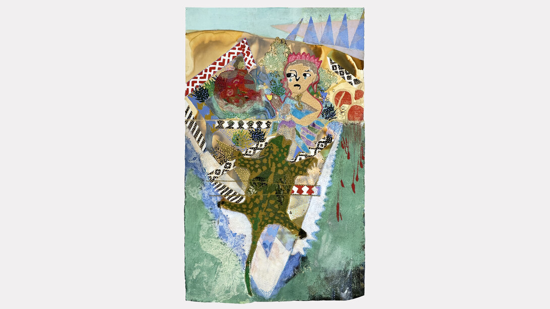Griselda Rosas, Artifice de insignias reales 7 (Faux regalia 7), 2023. Watercolor, acrylic, applique, and embroidery on paper. Courtesy of Luis De Jesus Los Angeles