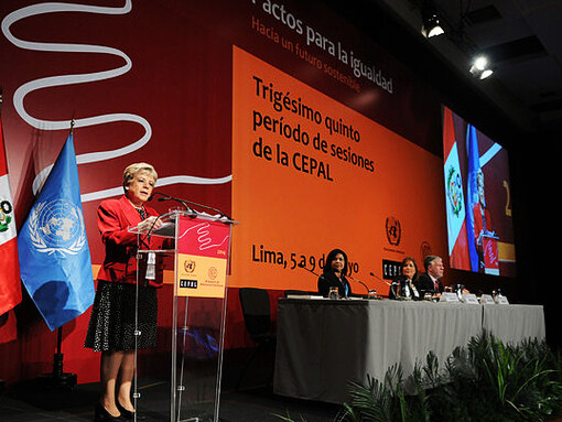 Former Minister of Foreign Affairs of Peru, Eda Rivas, delivering an address at a conference in Lima, Peru, on May 5th, 2014, focusing on the imperative to foster the development of marginalized regions within the country