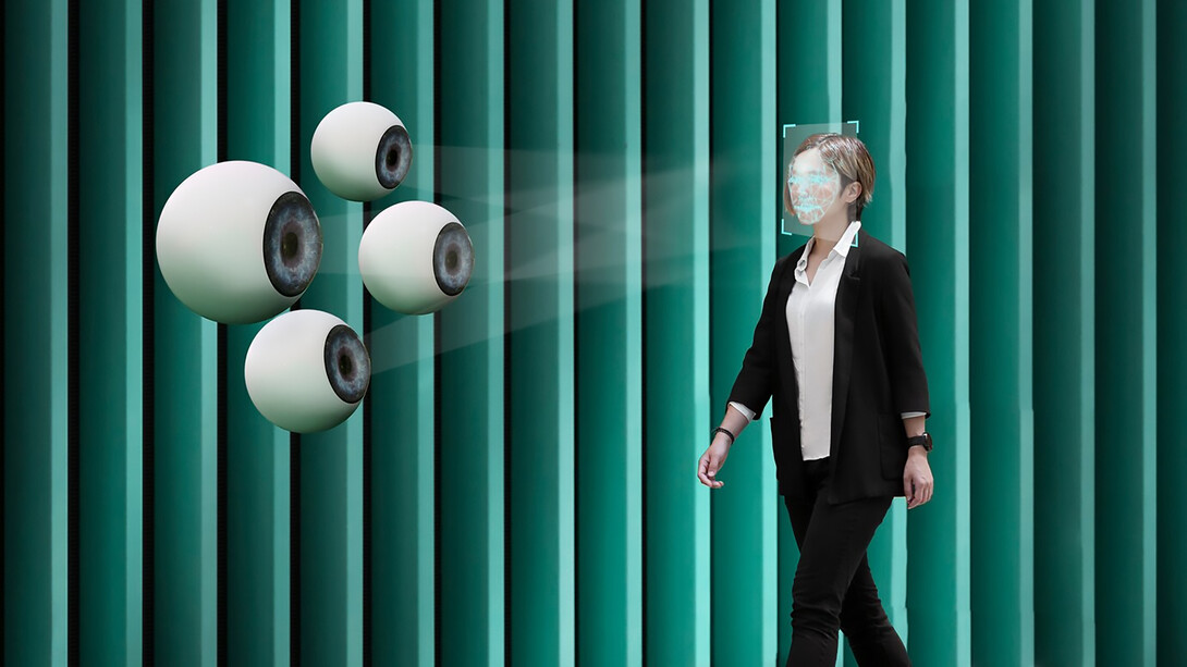 A woman walking beside an AI-powered surveillance camera, emphasizing themes of security, privacy, and biometric technology