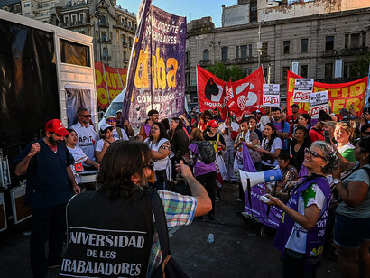 Workers from the Prof. Dr. Juan P. Garrahan Hospital protest outside the National Congress in Buenos Aires, Argentina, against the presidential veto of the Pediatric Emergency Law