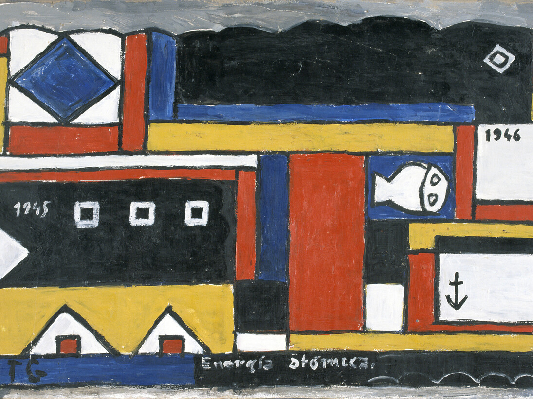 Joaquín Torres-García (Uruguayan. 1874–1949). Energía atómica (Atomic energy). 1946. Oil on cardboard. 20 7/8 x 33 3/8″ (53 x 84.7 cm). Colección Guillermo Caballero de Luján, Valencia. © Sucesión Joaquín Torres-García, Montevideo 2015. Photo credit: Juan García Rossell (detail)