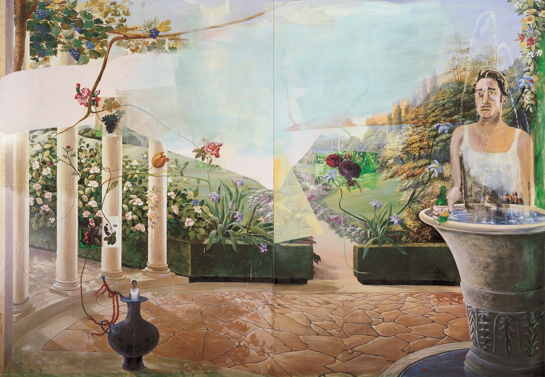 Selbst als Frühling, 2006. Diptych; photograph, wallpaper, oil, and acrylic on wood, 104 3/8 x 151 1/2 in (265 x 385 cm). Private collection. Image courtesy the artist and Galerie Max Hetzler, Berlin