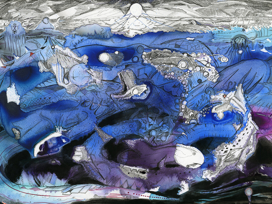 Max Razdow, Five Headed Serpent, 2013, Pen and ink on paper, 15 x 22 inches