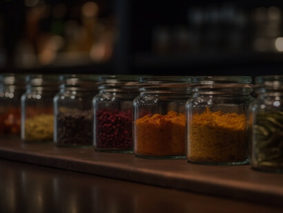 A kitchen counter with jars of food on it
