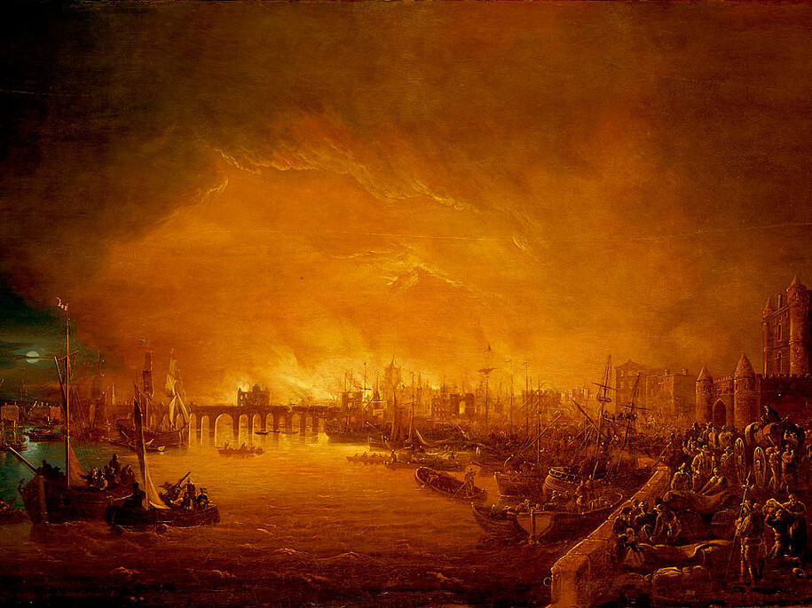 Painting of 'The Fire of London, September 1666', unknown, 17th century, (c) National Maritime Museum, London