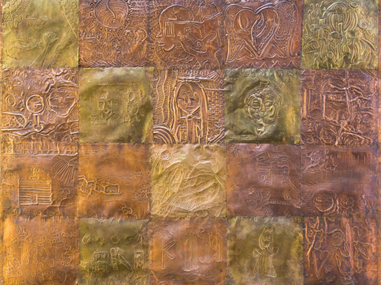 Initiated by Conexión Américas and Jamaal Sheats, with contributions by the Center for Refugees and Immigrants of Tennessee, Edmondson Pike Branch Library, and Room in the Inn. Quilted Identities, 2014. Brass and copper, mounted on wood. Photo: Samantha Angel