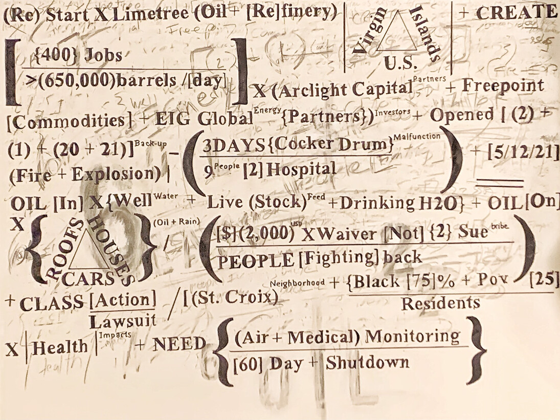 Gabriel Delgado, Limetree Bay Oil Refinery, 2021, Ink, Graphite, Chalk on Paper, 22x30 in 