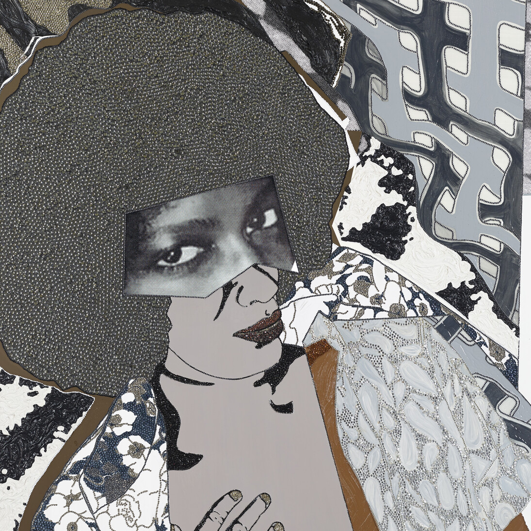 Mickalene Thomas, Good Luck, 2014, Strass, acrylique, huile et email sur panneau de bois, 213,36 x 152,4 cm (84 x 60 in.), Courtesy Galerie Nathalie Obadia, Paris/Bruxelles
