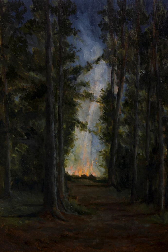 Harry Durdin Robertson, Fire in the Wood, oil on linen, 26 x 14 inches