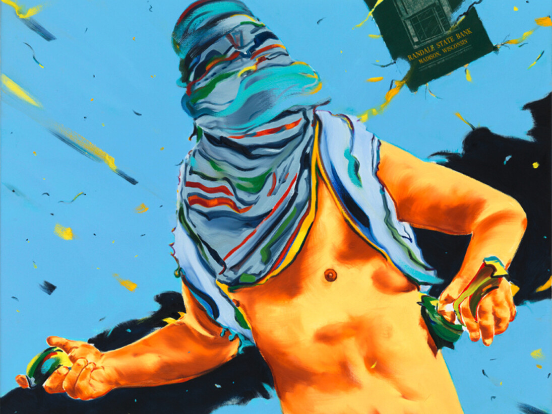 Norbert Bisky, Randale State Bank, 2015, Huile sur toile, 80 x 100 cm / 31 1/2 x 39 3/8 in. Courtesy of the artist and the gallery Daniel Templon, Paris and Brussels
