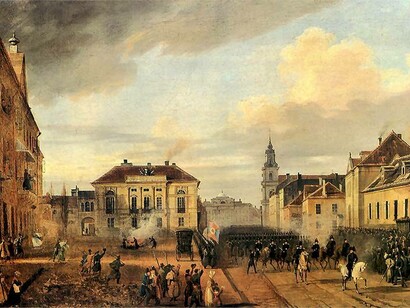 The return of squads of Polish army from Wierzbna showing the general view of Krakowskie Przedmieście with Tyszkiewicz Palace by Marcin Zaleski (1831)