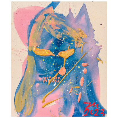 Jonathan Meese, "DRACULA'S DRAGONBABY "MAGIC WOLF"!", 2023, oil and acrylic on coarse untreated cotton cloth, 120.5x100.3x3.3 cm, photo: Roman März. © Courtesy the artist and Templon, Paris—Brussels — New York