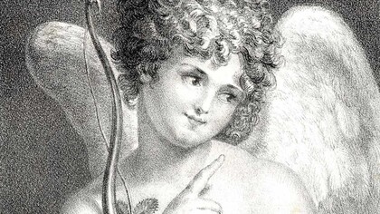 Dettaglio Cupido che simboleggia l'Amore/Amor con in mano il suo arco e una rosa e che alza un dito come se fosse un avvertimento. Litografia