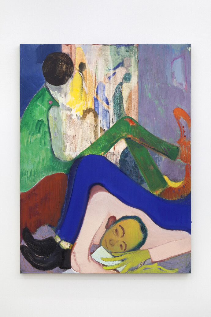 Sanya Kantarovsky, How To Enjoy Being Alone, 2014, Oil, watercolor, pastel, oilstick on canvas, 47 x 35" / 119.4 x 88.9cm. Photo credit: Dawn Blackman. Courtesy of the artist and Casey Kaplan, New York 