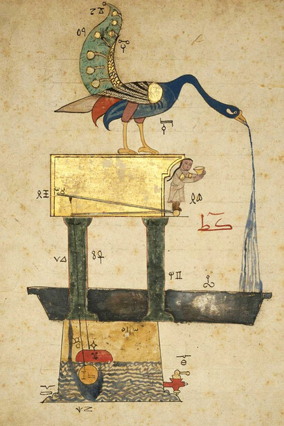 Reloj de agua de Al Jazarí, importante erudito, artesano, artista, matemático, astrónomo, inventor e ingeniero mecánico proveniente de Mesopotamia