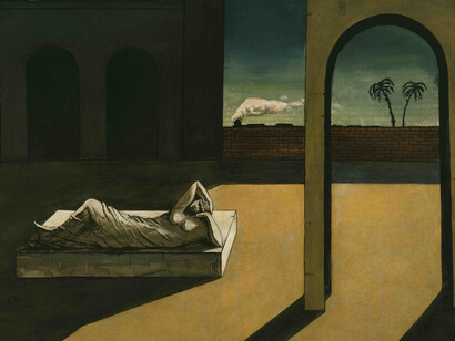Georges de Chirico, La récompense de la devineresse, 1913. D’après le naturalisme universel, tout ce qui existe est naturel quelles que soient l’ensemble de strates scientifiques qui le constituent: mathématique, physique, chimique, biologique, psychique et socioculturelle