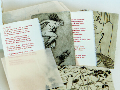 Sonetti Lussuriosi, di Pietro Aretino, testo a stampa con caratteri mobili, acqueforti di Elena Baboni, Laura Caruso, Vittorio Facchini, Manuela Marchesan, Marialuce Sonia Possentini, Valentina Sacripante, 2015