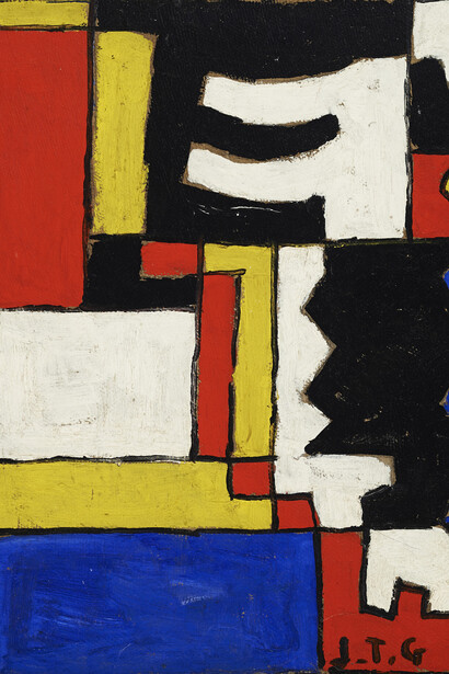 Joaquín Torres-García (Uruguayan. 1874–1949). Estructura a cinco tonos con dos formas intercaladas (Structure in five tones with two interspersed forms). 1948. Oil on cardboard, 19 11/16 x 20 1/2″ (50 x 52 cm). Private collection. Courtesy Galería Sur, Montevideo. © Sucesión Joaquín Torres-García, Montevideo 2015. Photo credit: Eduardo Baldizan