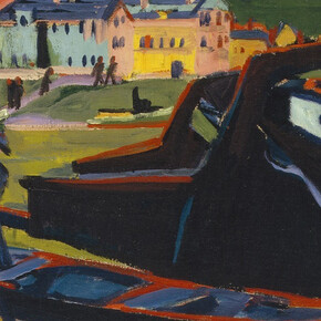 Ernst Ludwig Kirchner
German (also active in Switzerland), 1880–1938
Boats on the Elbe in Dresden (Boote auf der Elbe bei Dresden)
1910 (reworked ca. 1920)
Oil on canvas
24 3/8 x 34 ¾ in. (61.9 x 88.3 cm)
Sidney and Lois Eskenazi Museum of Art, Jane and Roger Wolcott Memorial, Gift of Thomas T. Solley