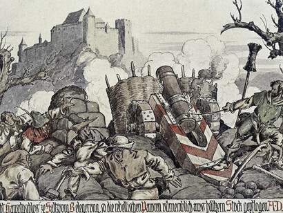 Fritz Dürnberger, Festung Hohensalzburg, Bauernbelagerung während der Regentschaft von Fürsterzbischof Matthäus Lang, 1923. Mit freundlicher genehmigung des DomQuartier Museums