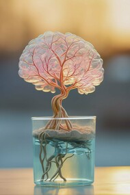 A delicate, glowing brain-like tree with roots in a clear glass of water symbolizes the profound shift towards cultivating inner growth and cognitive optimization as the new ultimate luxury
