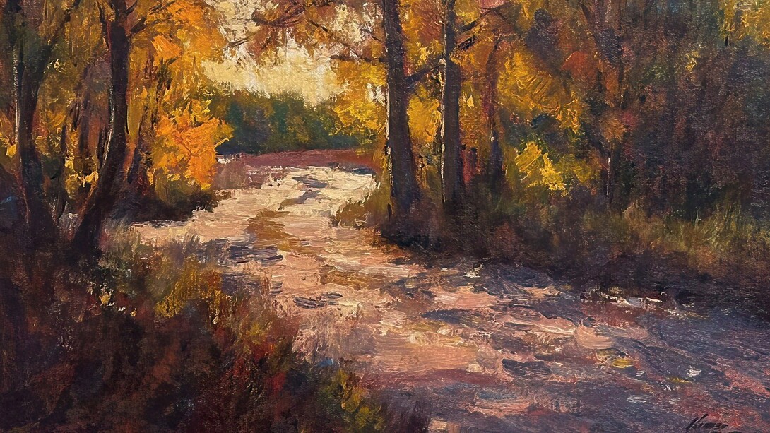 Lorenzo Chavez,
Autumn Path, 2024, Oil,
9 x 16 in (22.86 x 40.64 cm). Courtesy of the artist and Abend Gallery