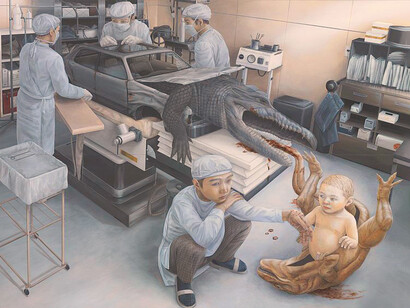 Obra de Tetsuya Ishida: el individuo reflejado en estas obras pictóricas ha dejado ser un humano para ser un híbrido perfecto con la máquina