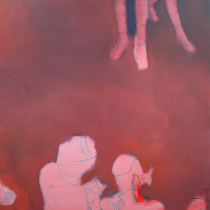 Thomas Eggerer, Crimson Exchange, oil on canvas, 167.6 x 162.6 cm — 66 x 64 inches, 2015
© Thomas Eggerer, Courtesy Maureen Paley, London