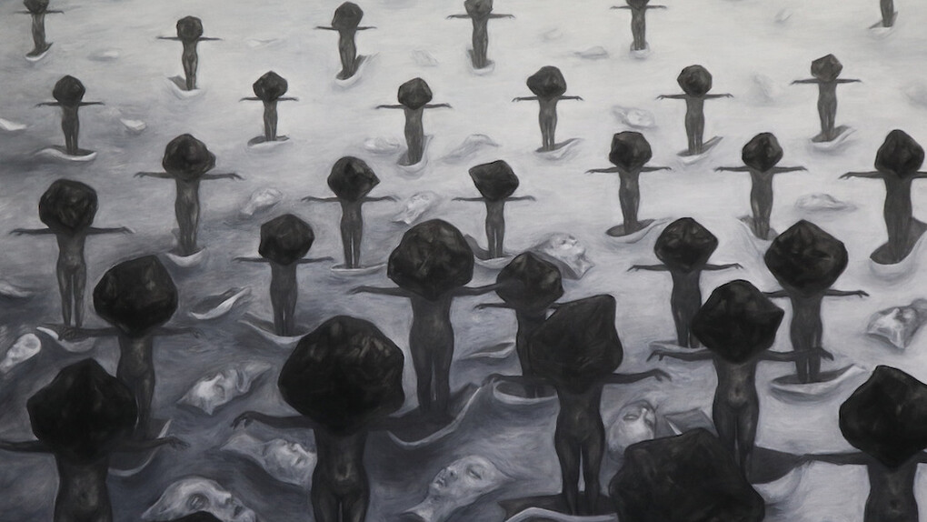 Jiyoung Park, Maybe I m standing here backed, 35.8x 28.4 inch, charcoal plumbago gouache on canvas, 2024. Courtesy of Kate Oh Gallery 