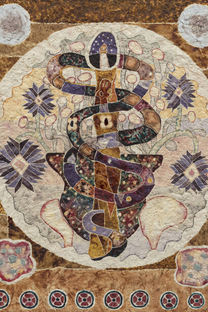 Omar Mendoza. Viaje Al Saltillo (detail), 2022. Mexican honeysuckle, brazilwood, kina, zacatlaxcalli, charcoal, spirulina, alder, lion's mane, thistle, mysterious green, alder, beetroot, beeswax, rabbit tail on cotton, 25 5/8 x 19 5/8 inches (65 x 50 cm). Courtesy of Steve Turner